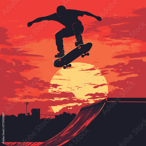 Skateboarder at sunset performing a trick in skatepark, extreme sport lifestyle , vector style simple color