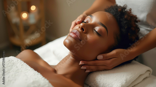 Black woman receiving facial treatment lying on back at spa salon,beauty and skin care,copy space
