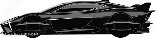 Side view of a futuristic black sports car with sharp angles, aerodynamic features, and a sleek design isolated on white background