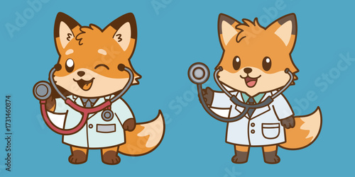 Cute Cartoon Fox Doctors with Stethoscopes on Blue Background Illustration
