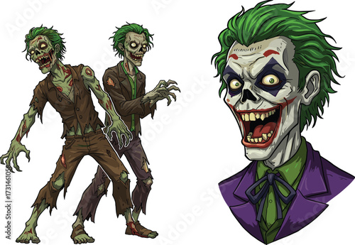 Zombie character illustration, creepy undead clown, scary horror artwork, evil comic villain, spooky Halloween design, green hair monster, sinister grin, dark makeup