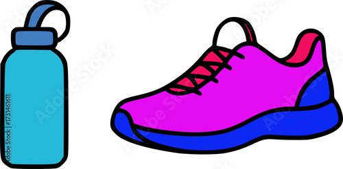 A vibrant cartoon illustration of a running shoe and a water bottle, representing fitness and exercise.
