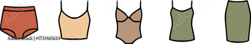 Illustration of women's clothing items including underwear, tops, and a skirt.