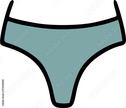 A simple vector illustration of a pair of teal thong underwear with a thick black outline, isolated on a white background.