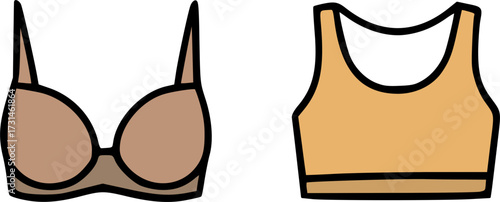 A simple illustration showing two types of bras: a padded bra and a sports bra, side by side.