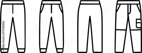 Four different styles of pants and trousers, including casual, dress, and cargo designs, depicted as minimalist line art icons.