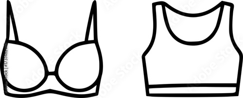 Simple black and white illustration of women's undergarments and sports bras.