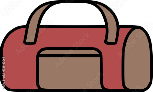 Red duffel bag with brown handle and pocket.