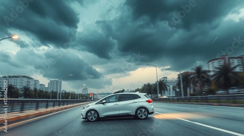 White car driving with stormy city.