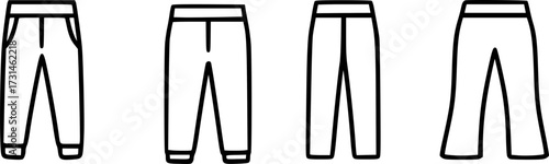 A collection of four different styles of pants line art icons, showing various cuts from tapered to flared.