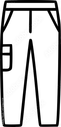 A simple black and white line drawing of a pair of pants with a side pocket.