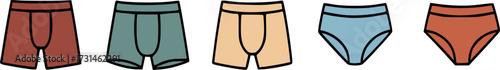 Illustration of various styles of men's underwear, showcasing different designs and colors for undergarments.