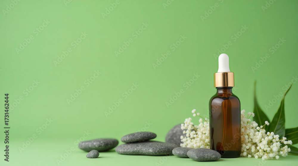 Naklejka premium Natural Skincare Bottle with Stones and Flowers on Green Background