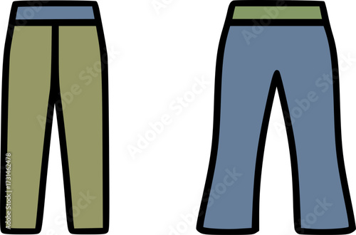 A simple graphic illustration of two pairs of pants, one with straight legs in green and the other with flared legs in blue.