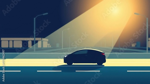 Night road with car, and city lights.