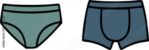 Illustration of two different styles of men's underwear, one brief and one boxer brief, both in solid colors.