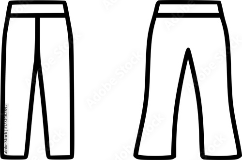 Two simple line drawings of pants, one straight-legged and one flared.