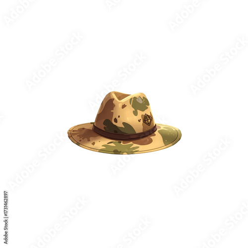 A detailed digital illustration of a wide-brimmed desert camouflage hat, symbolizing adventure, safari, and military themes, isolated on white