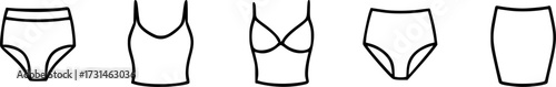 A collection of five simple black and white line drawings depicting various types of underwear and swimwear.