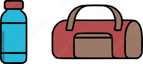 Illustration of a blue water bottle and a red duffel bag on a white background.
