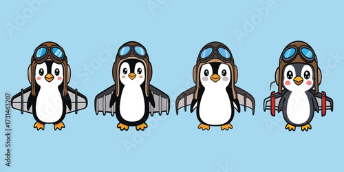 Cute Cartoon Penguins Dressed as Aviators Ready for an Adventure Illustration
