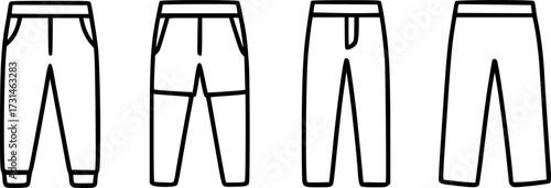 A simple line drawing illustrating four different styles of pants, showcasing variations in pockets and leg shape.