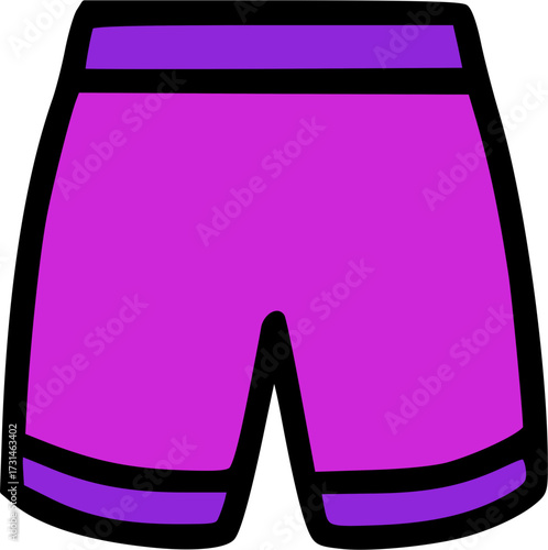 A simple cartoon illustration of a pair of purple shorts with a black outline.