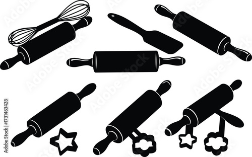 Baking tool silhouettes, rolling pin vector, cookie cutter icons, whisk and spatula set, black kitchen utensils, dough preparation elements