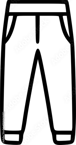 Line drawing of a pair of pants with pockets, a button, and a waistband.