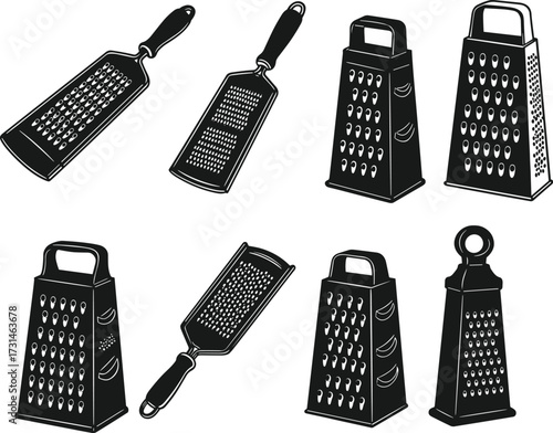 Black silhouette cheese graters collection, kitchen shredders variety, stainless steel utensils, cooking tools illustration, food preparation equipment icons