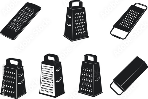 Black silhouette cheese graters set, kitchen shredders collection, stainless steel utensils, cooking tools illustration, food preparation equipment