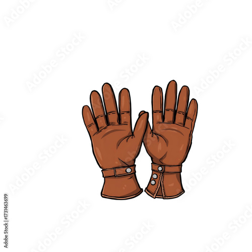 A detailed hand-drawn illustration of a pair of vintage brown leather work gloves with wrist straps isolated on a white background for design