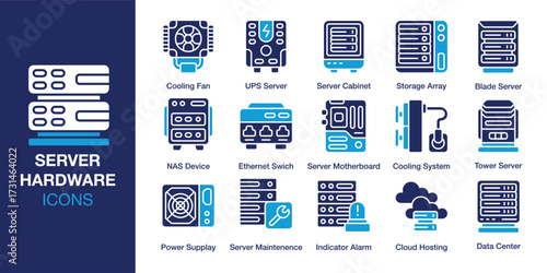 Server Hardwere icon set. Containing network, information, rack, data, storage and more. Solid vector icons collection. Vector illustration.