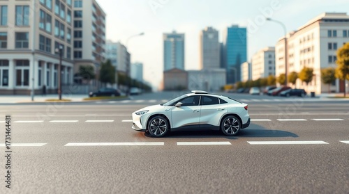 White EV driving city street.