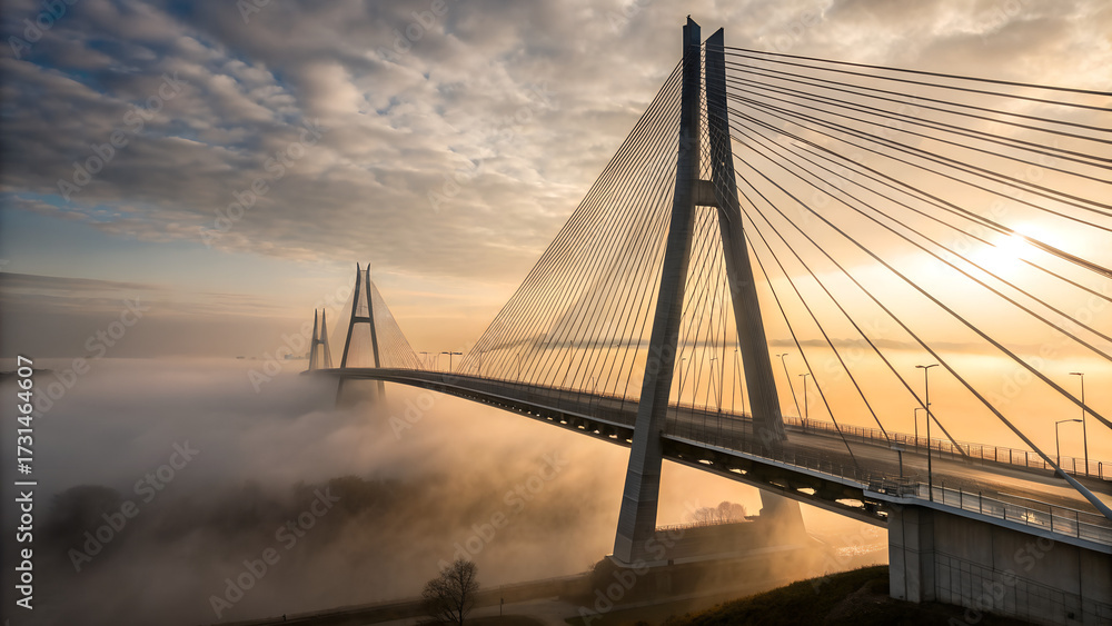 Obraz premium Modern suspension bridge rising above fog at sunrise with cables illuminated by golden light symbolizing engineering achievement, transport infrastructure and architectural landmark design