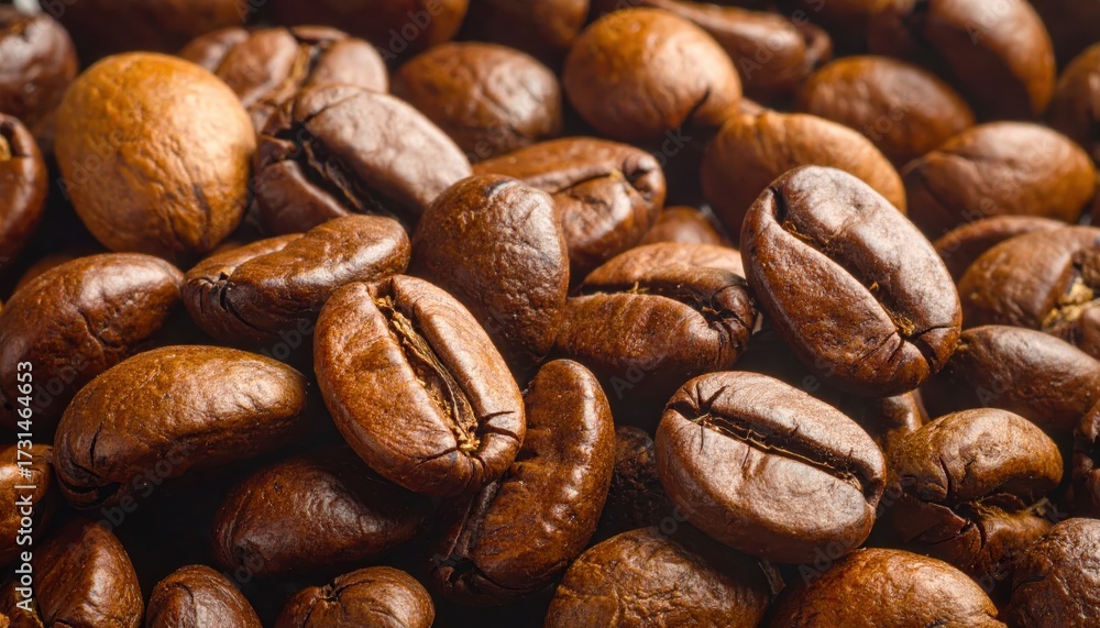 Naklejka premium shot showcases a pile of roasted coffee beans, presenting varied shapes and textures.