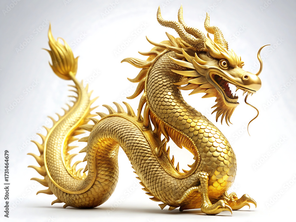 Obraz premium Golden chinese dragon statue isolated on white background