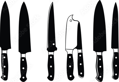 Kitchen knife silhouettes, chef, carving, boning, cleaver blades, black cooking tools, food preparation equipment, culinary utensil vector icons set