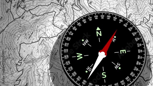 Close-up of navigational compass on map. Compass, map, direction. black compass with white nautical map background. nautical navigation tools. animation Modern Minimalist Compass Background.