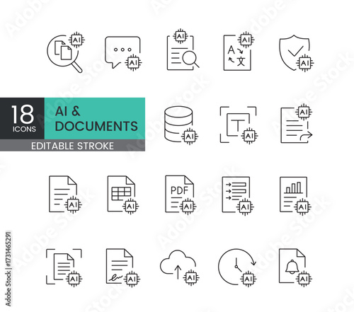 A set of vector icons representing artificial intelligence integration in document management and automation, created in line style with editable stroke