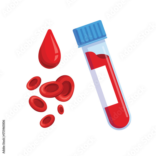 Blood test or analysis elements. Vector illustration. Hematology concept with red blood cell tube laboratory analysis flat examine. Hematology blood red cell liquid isolated on white background