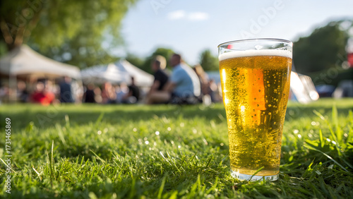 Glass of cold beer standing on green grass in summer park with blurred people and tents in background during outdoor festival perfect for leisure, lifestyle and beverage promotions