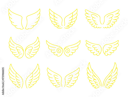 Collection of Nine Yellow Angel Wing Illustrations on White Background