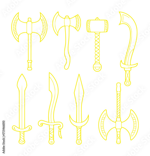 Collection of Stylized Fantasy Weapons in Yellow Outline
