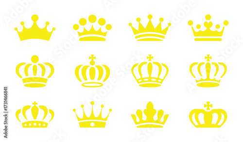 Collection of Twelve Yellow Royal Crowns on a White Background