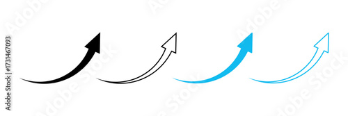 An arrow curved up to the right in the silhouette, contour, black, and blue variants. A simple graphic element is isolated on white for design, direction indication, navigation. A set of pointer icons