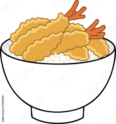 A simple cartoon illustration of a white bowl filled with rice and topped with several pieces of golden-brown shrimp tempura.
