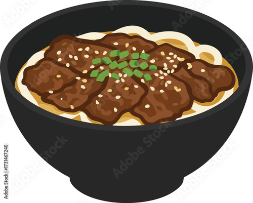 Bowl of udon noodles topped with beef, sesame seeds, and green onions.