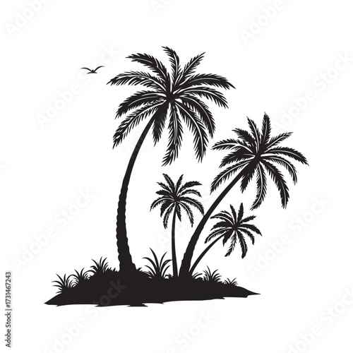 Silhouette of palm trees on a tropical island with birds flying