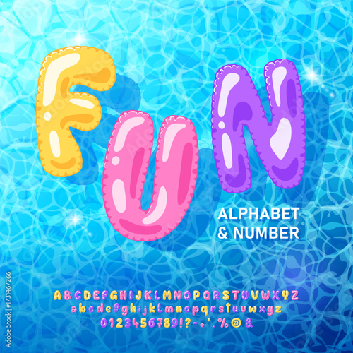 Summer inflatable ring alphabet and font. Glossy Vector Letters and Numbers Floating in Pool Water, Bright 3D Cartoon Symbols for Vacation, Party, Poster and Holiday Design